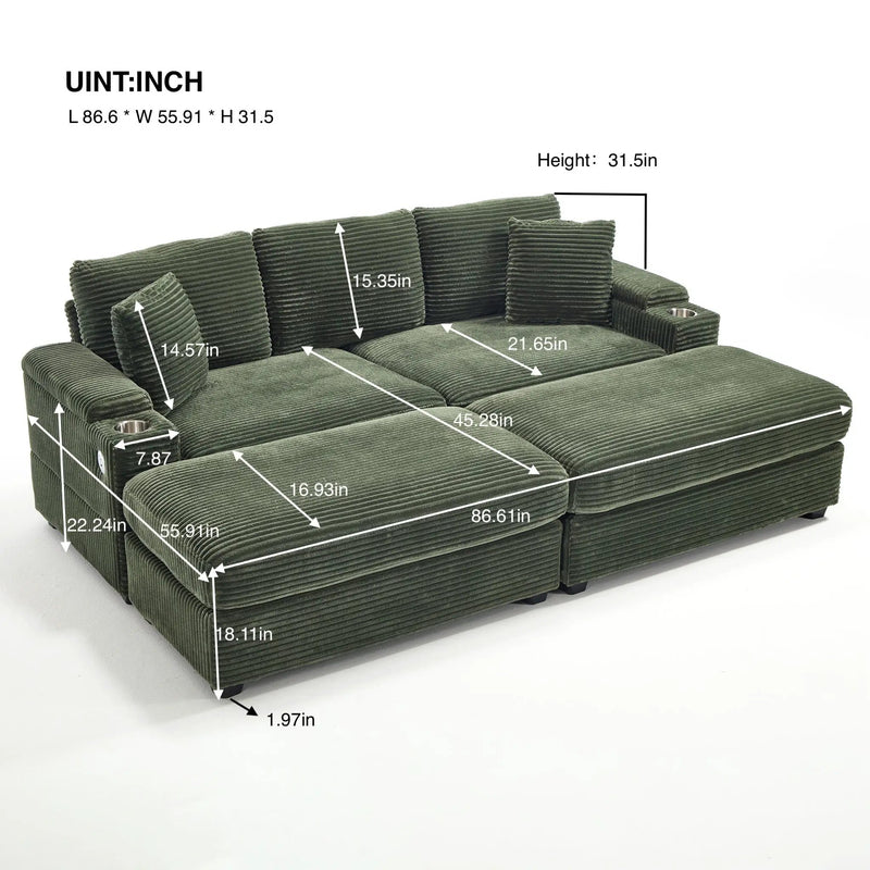 Convertible Sectional Sofa Bed Set With Armrest Storage, Cup Holder, USB, 4 Seater - Green by HouseOfZazla