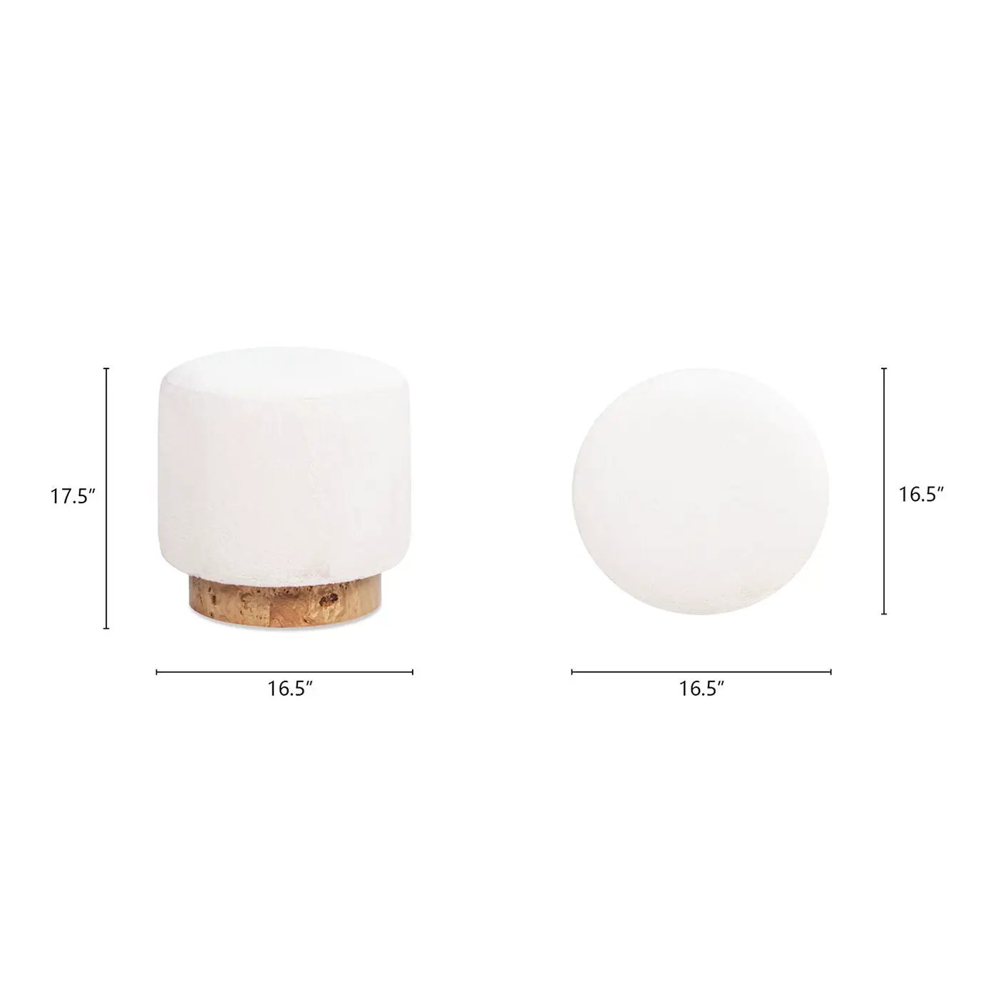 Tilly - Round Fur Upholstered / Burl Pouf Ottoman - White by Unique Piece Furniture