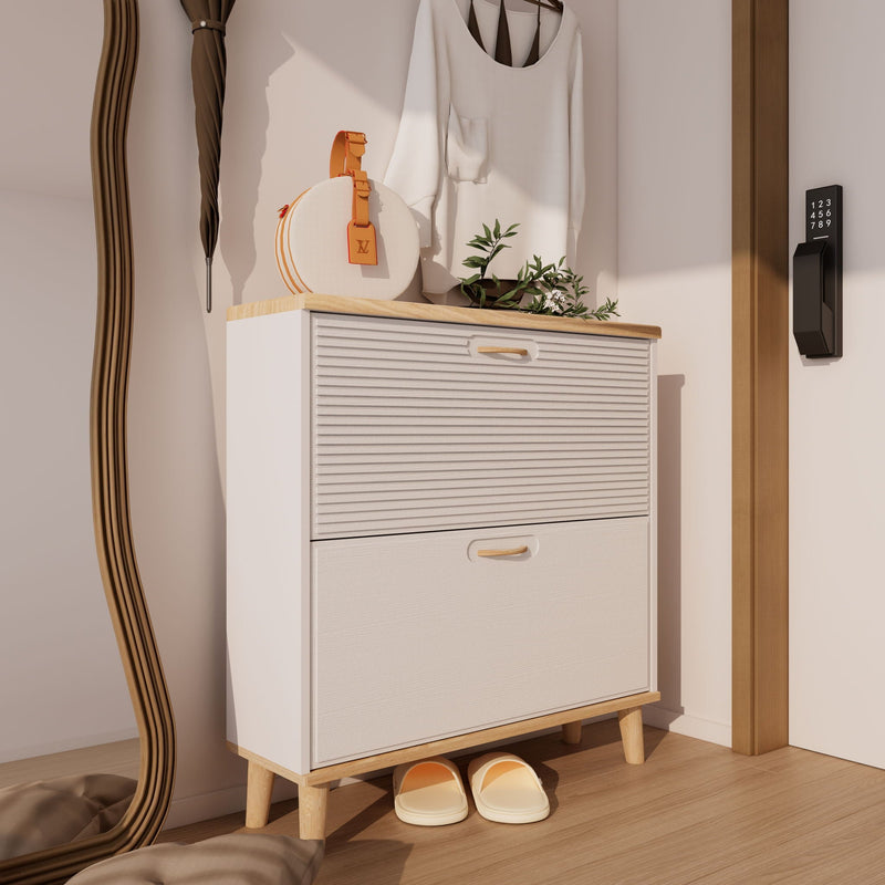 Narrow - Entryway Shoe Storage Cabinet With 2 Flip Drawers Legs - Natural / White by HouseOfZazla