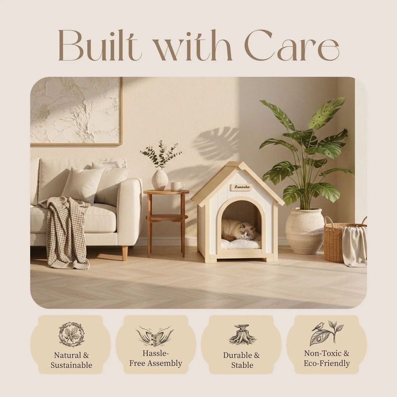 Indoor Dog House With Cushion Pet House For Small Dogs & Cats - Creamy White / Light Yellow by HouseOfZazla
