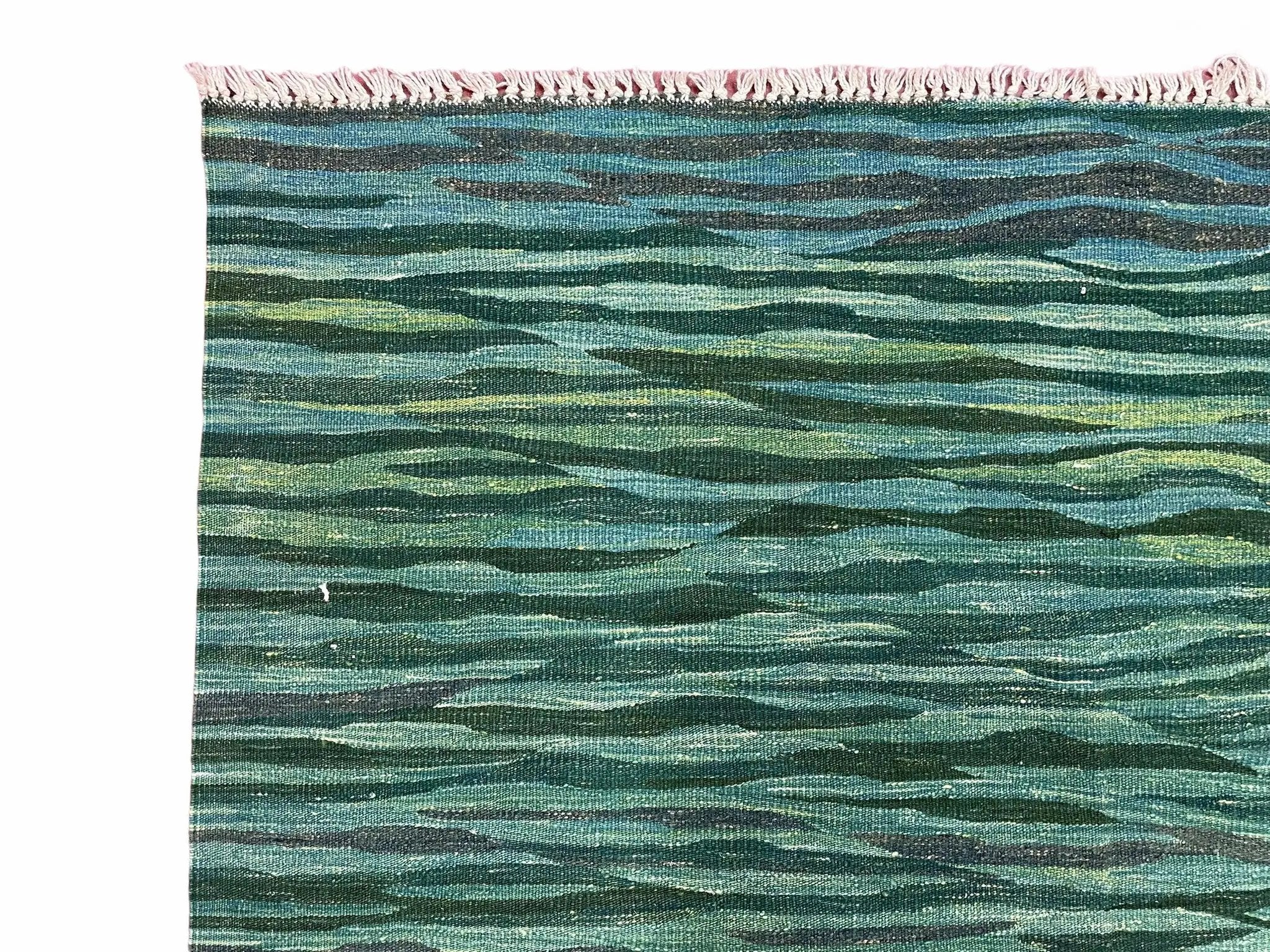 Sea Green Kilim Area Rug, White Blue Red Stripes, Russian Flag Rug, Flatweave Hand Knotted Carpet, Turkish Carpet, Wool, New, 5' 6" x 7' 10" by Jewel Rugs