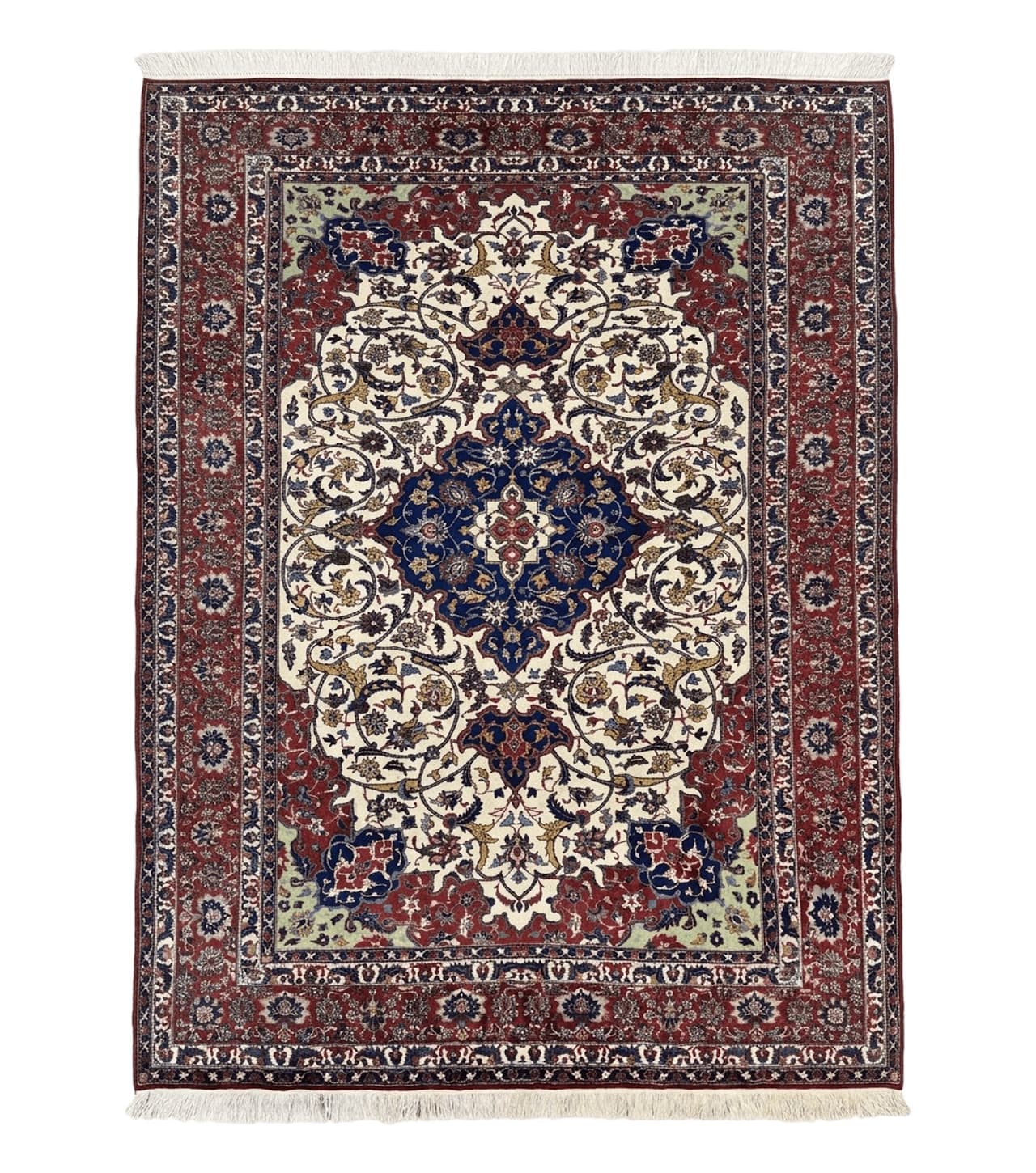Wonderful Persian Isfahan Rug 7x9, Ivory Navy Blue Red, Floral Medallion, Very Finely Hand Knotted 260 KPSI, Handmade Wool Vintage Rug by Jewel Rugs