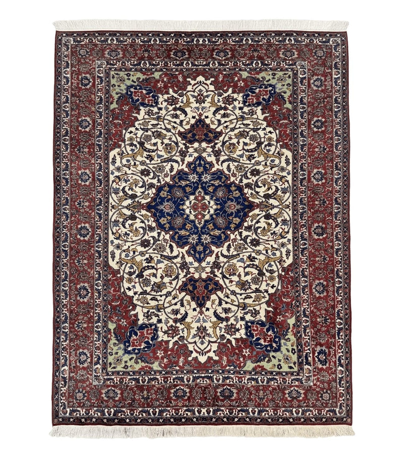 Wonderful Persian Isfahan Rug 7x9, Ivory Navy Blue Red, Floral Medallion, Very Finely Hand Knotted 260 KPSI, Handmade Wool Vintage Rug by Jewel Rugs