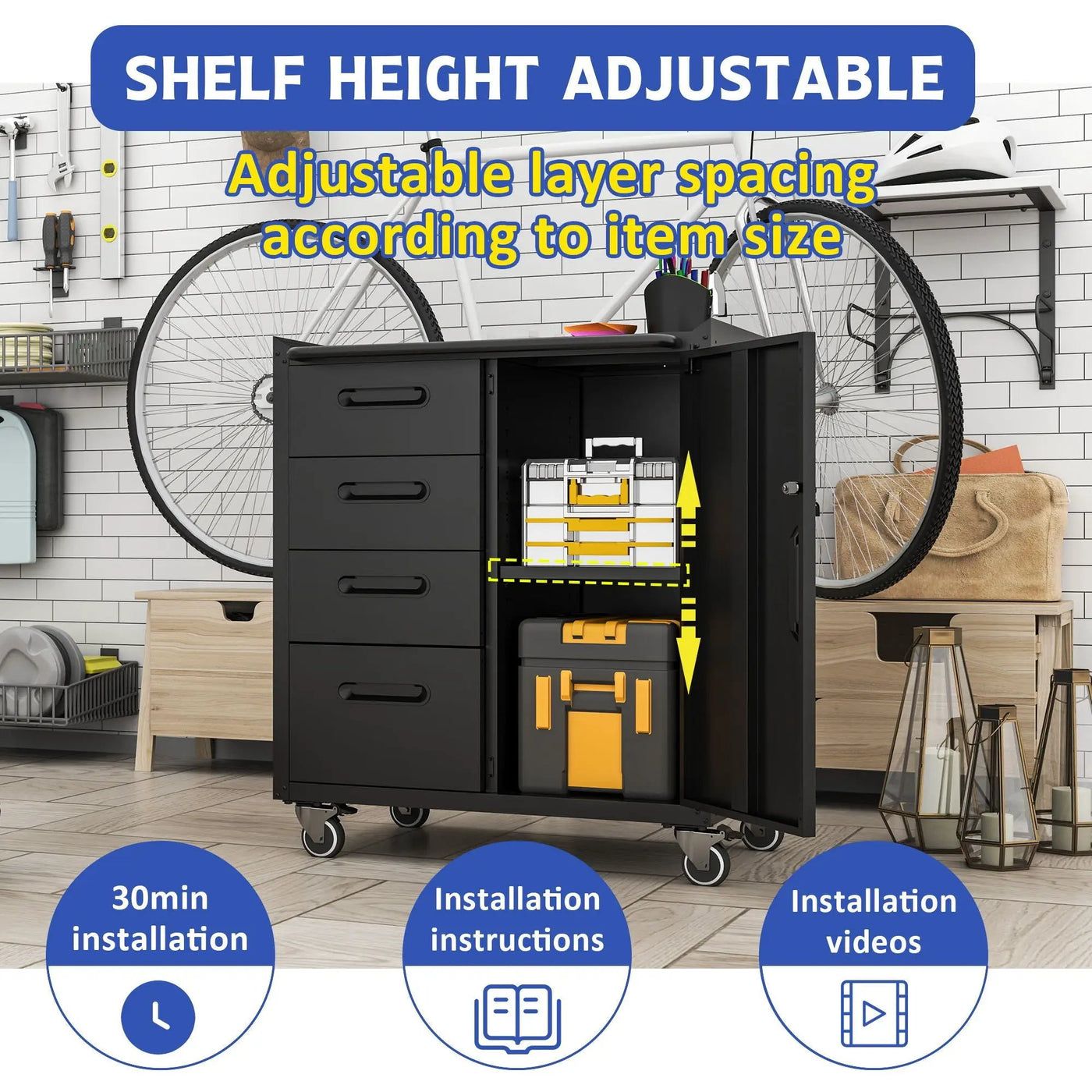 Sturdy Metal Tool Storage Cabinet With Wheels Durable Garage, Office & Home Organizer Steel by HouseOfZazla