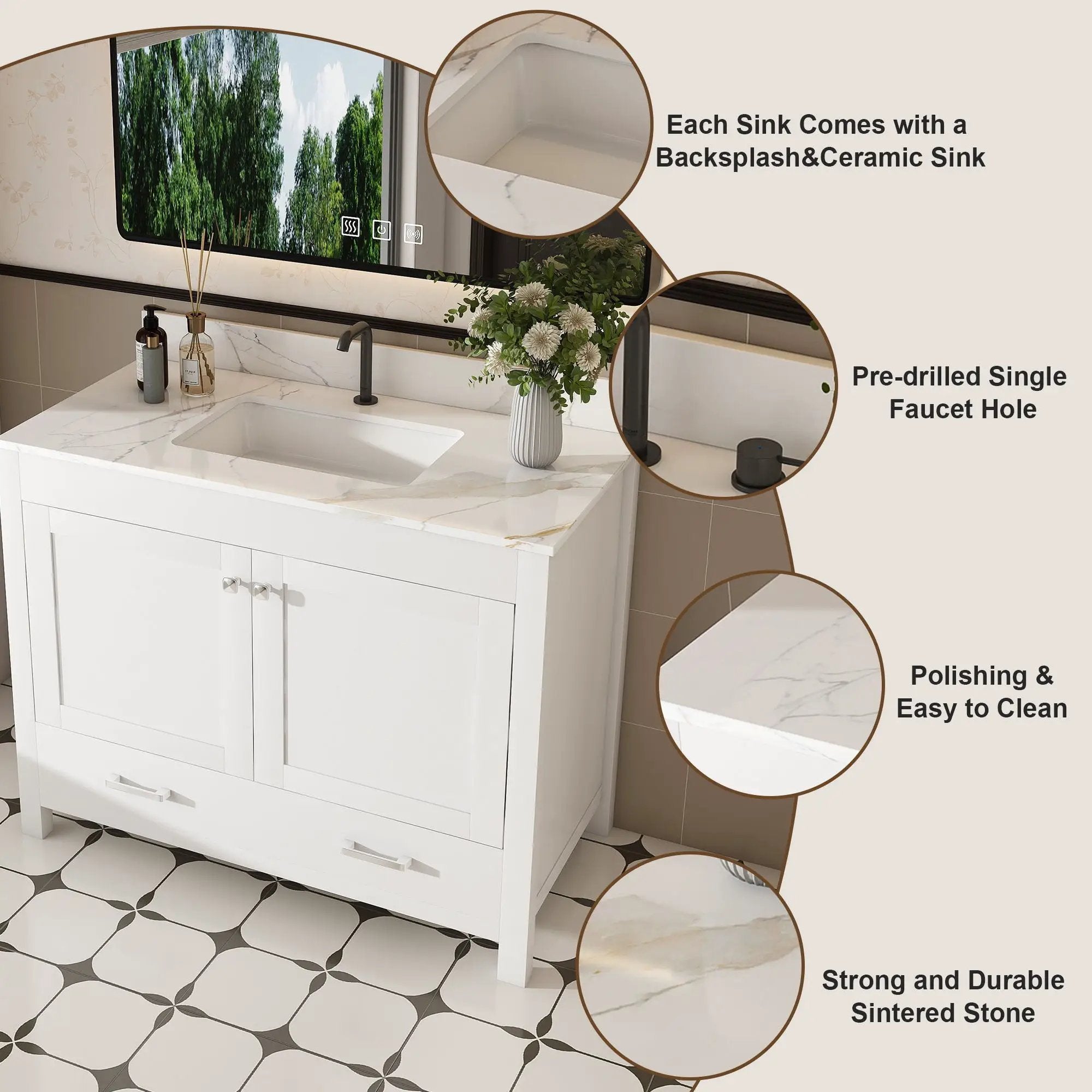 43" Bathroom Vanity, Multi Functional Cabinet, Doors And Drawer - White by Unique Piece Furniture
