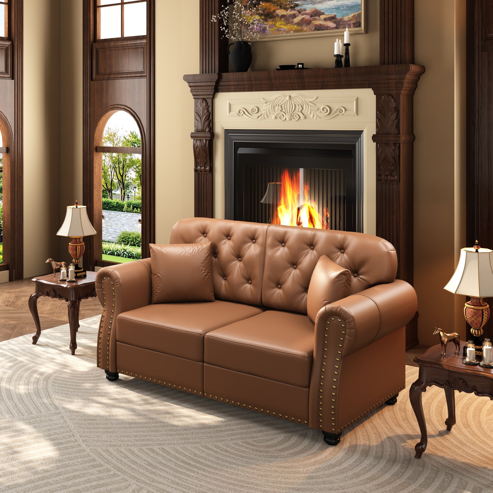 63" Upholstered Faux Leather Sofa with Nailhead Trim by HouseOfZazla