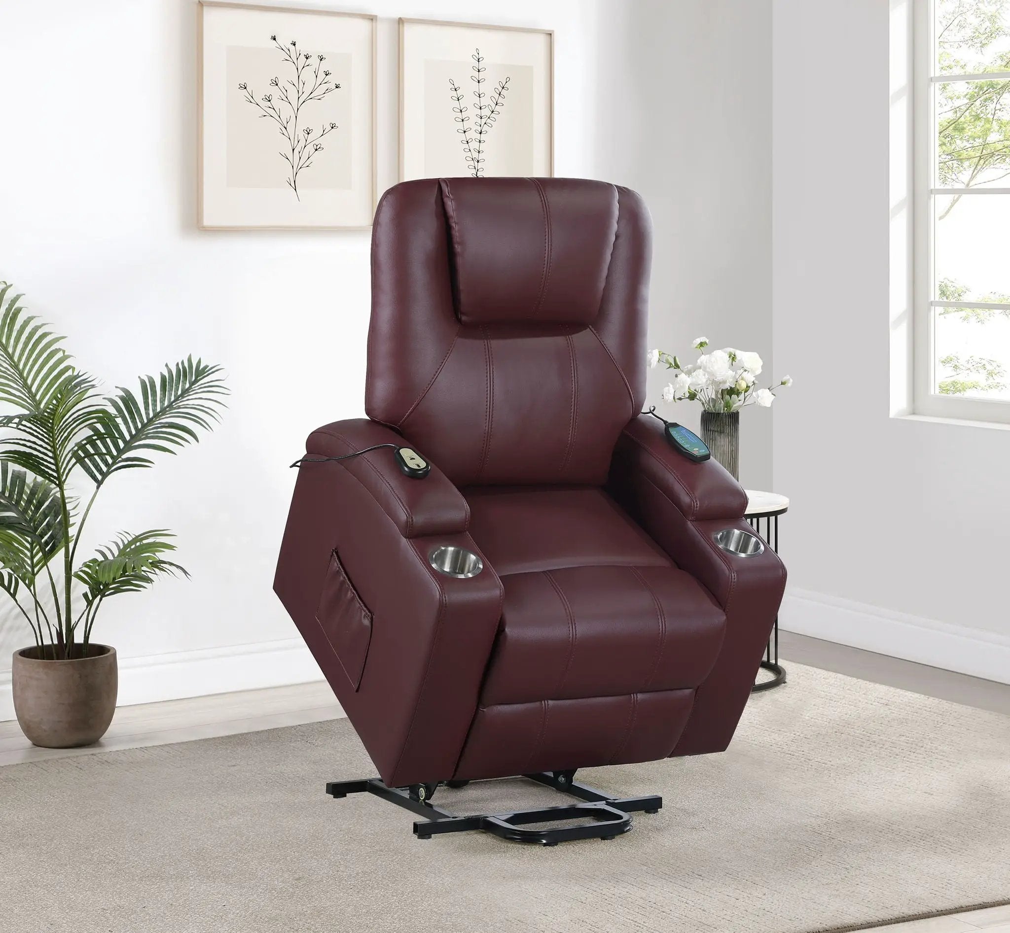 Armstrong Upholstered Power Lift Massage Recliner Wine by Unique Piece Furniture