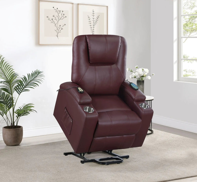 Armstrong Upholstered Power Lift Massage Recliner Wine by Unique Piece Furniture