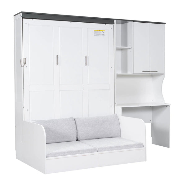Multi Functional Murphy Bed With Sofa, Desk, And Storage Cabinet In, Full Size - White