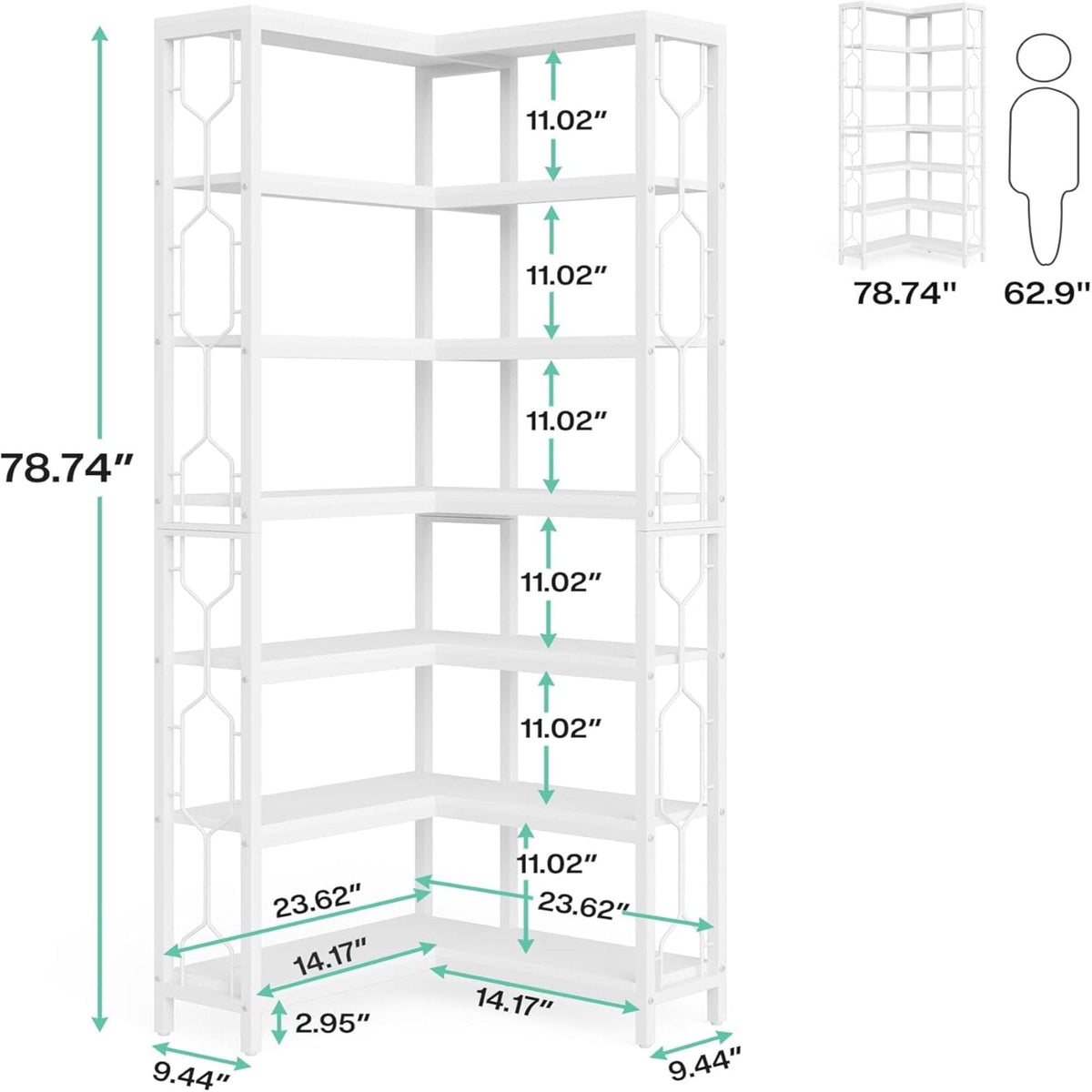 7 Tier Corner Bookshelf with Hexagonal Design - Dark Brown, White, Dark Gray, photo 4 of 12