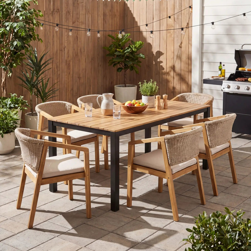 7-Piece Outdoor Dining Set, Acacia Wood Table & 6 Acacia Wood Rope Chairs by HouseOfZazla