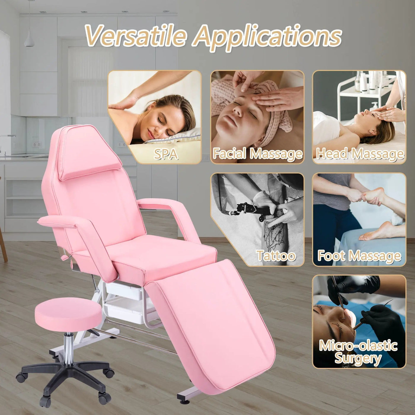 72.8" Massage Salon Tattoo Chair With Two Trays Esthetician Bed With Hydraulic Stool, Multi-Purpose 3-Section Facial Bed Table, Adjustable Beauty Barber Spa Beauty Equipment by HouseOfZazla