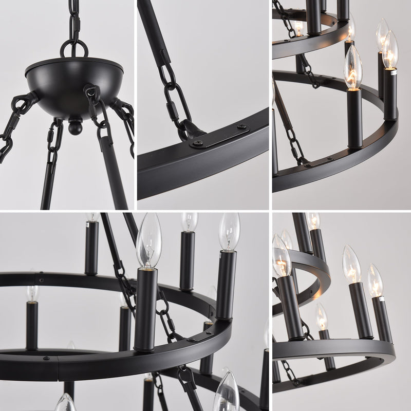 39.37 Inch 3-Tier Wagon Wheel Chandelier with 36 Lights - Matte Black, photo 10 of 14