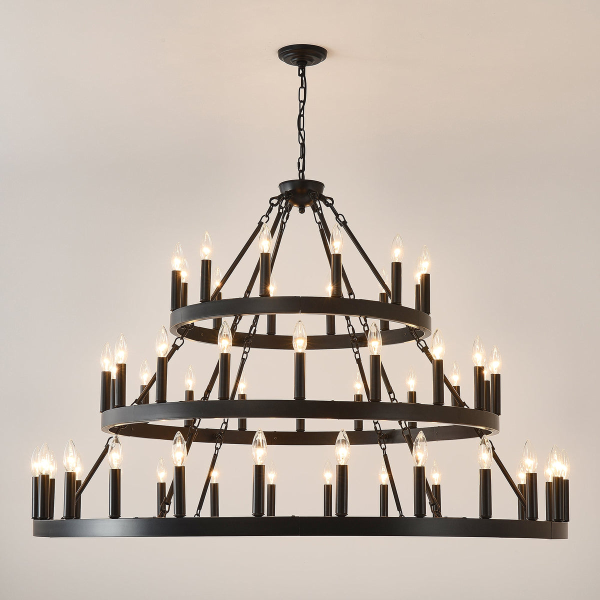 39.37 Inch 3-Tier Wagon Wheel Chandelier with 36 Lights - Matte Black, photo 12 of 14