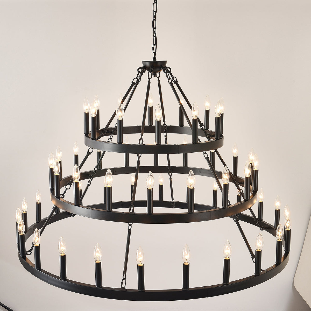 39.37 Inch 3-Tier Wagon Wheel Chandelier with 36 Lights - Matte Black, photo 14 of 14