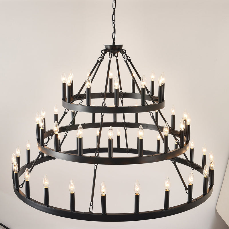 39.37 Inch 3-Tier Wagon Wheel Chandelier with 36 Lights - Matte Black, photo 14 of 14
