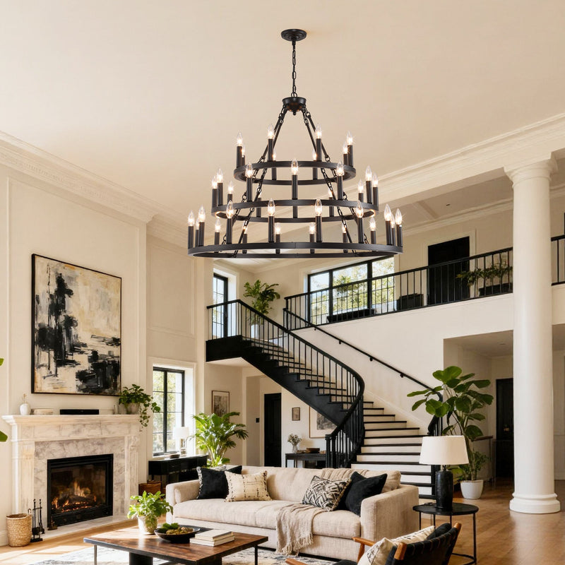 39.37 Inch 3-Tier Wagon Wheel Chandelier with 36 Lights - Matte Black, photo 3 of 14