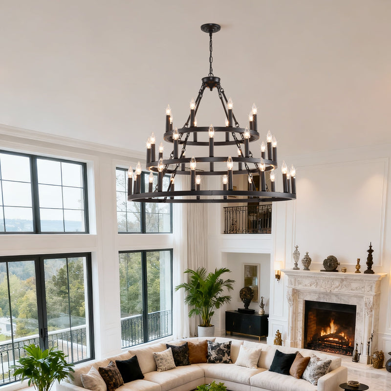 39.37 Inch 3-Tier Wagon Wheel Chandelier with 36 Lights - Matte Black, photo 4 of 14