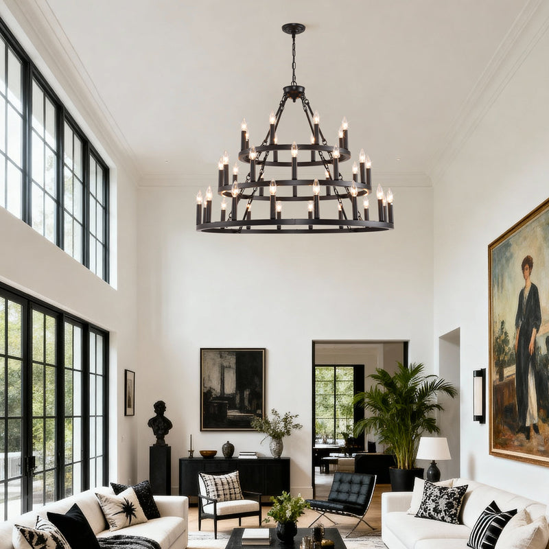 39.37 Inch 3-Tier Wagon Wheel Chandelier with 36 Lights - Matte Black, photo 5 of 14