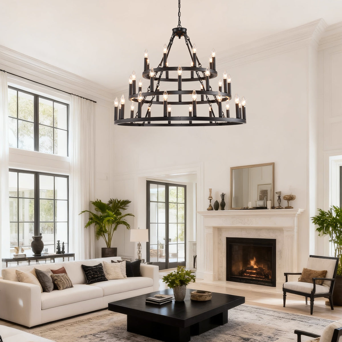 39.37 Inch 3-Tier Wagon Wheel Chandelier with 36 Lights - Matte Black, photo 6 of 14