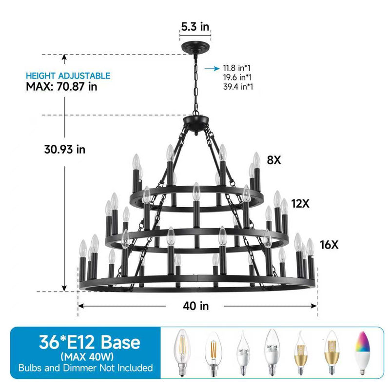 39.37 Inch 3-Tier Wagon Wheel Chandelier with 36 Lights - Matte Black, photo 7 of 14