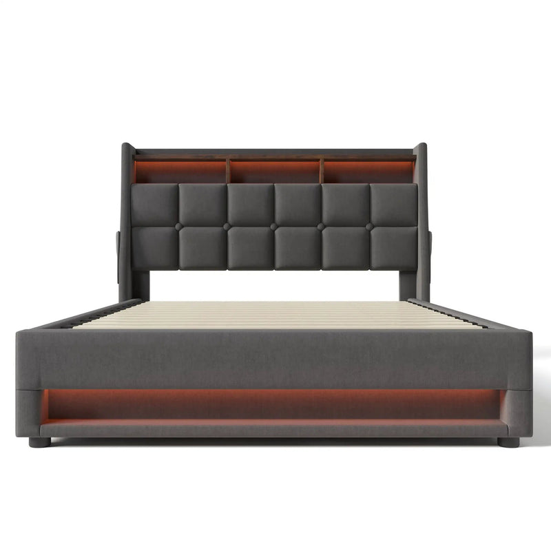 Platform Bed With Hydraulic Storage, LED Lighting & Charging Station by HouseOfZazla