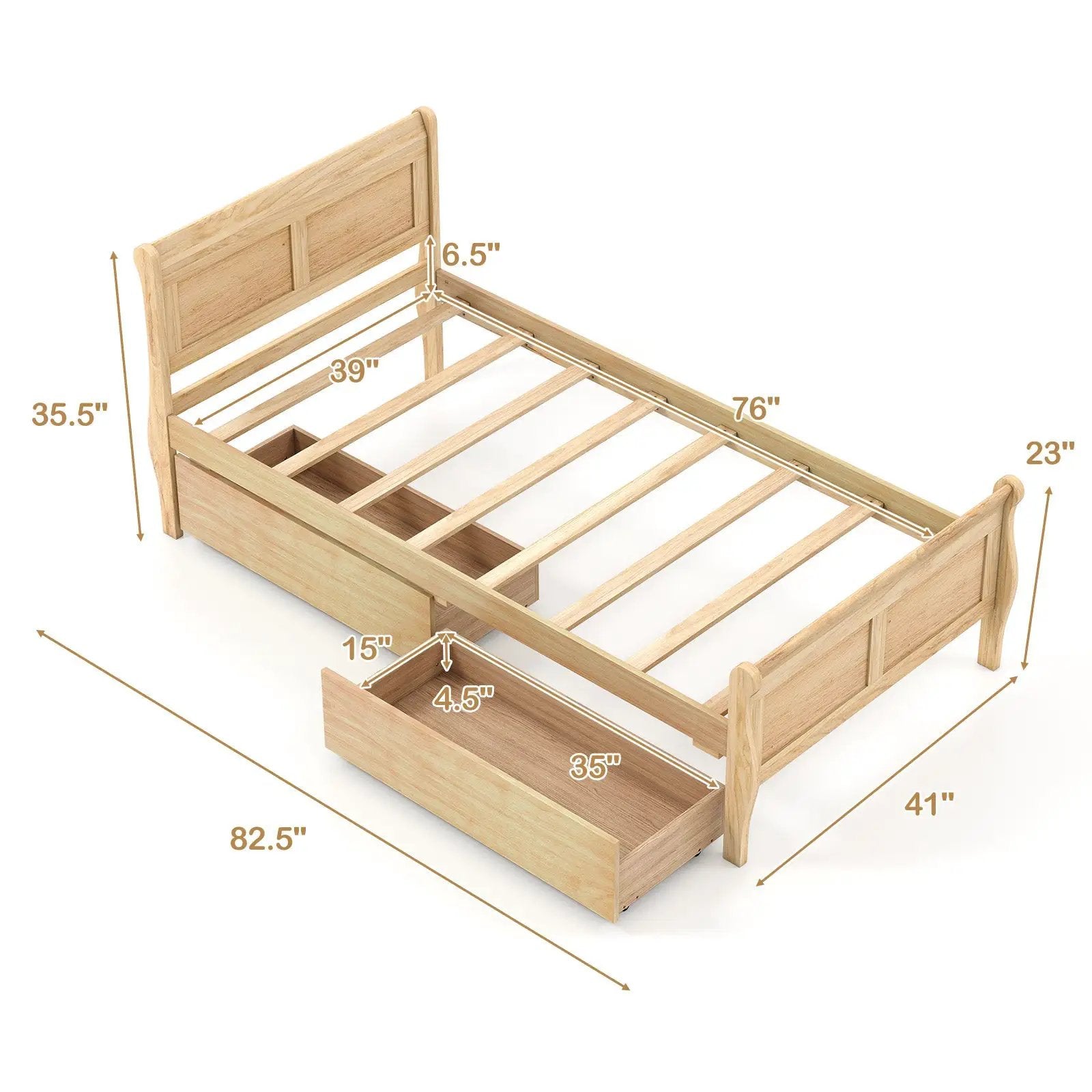 Twin Size Sleigh Bed with 2 Storage Drawers Wood Platform Bed Frame by DirectDeals