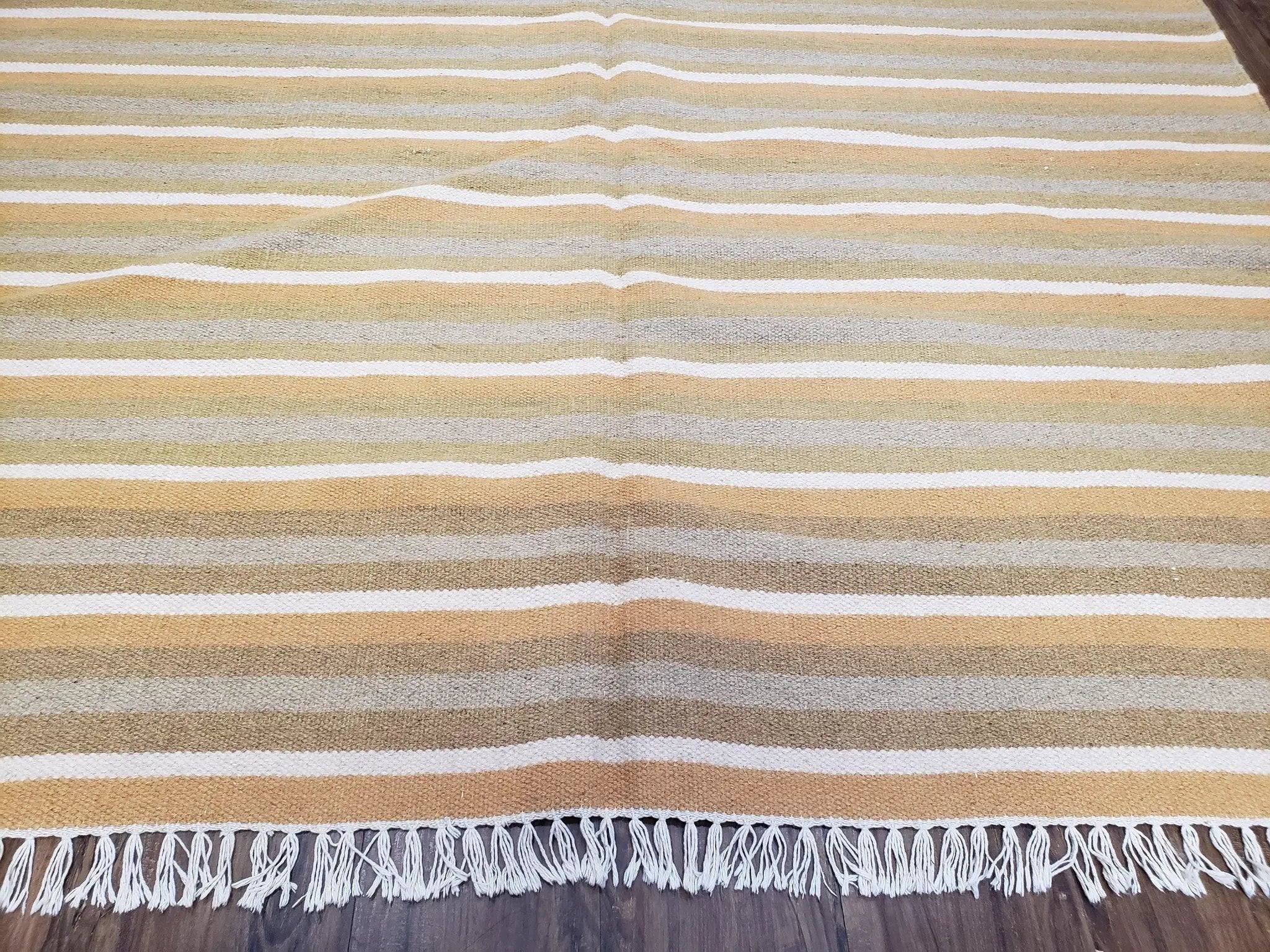 New Indian Kilim Area Rug, 6x8 - 7x8 South American Style Blanket, Striped Indian Wool Hand-Woven Flat Weave 6x9 Bedroom Rug, Ivory Ochre by Jewel Rugs