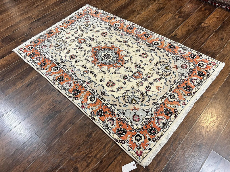 Persian Tabriz Rug 4.5 x 6.8, Finely Hand Knotted Wool with Silk Highlights Vintage Oriental Carpet, Cream and Salmon, High KPSI, Floral Medallion by Jewel Rugs