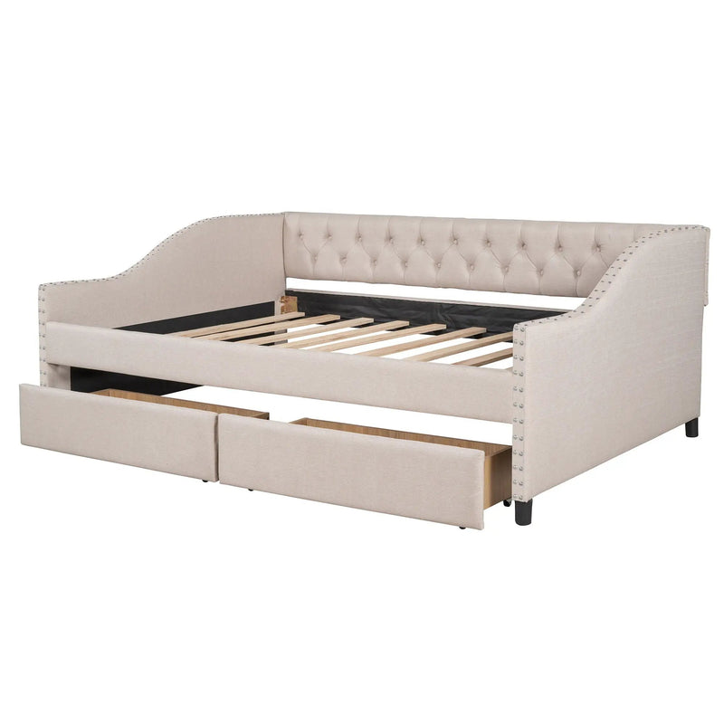 Upholstered Daybed With Two Drawers, Wood Slat Support by HouseOfZazla
