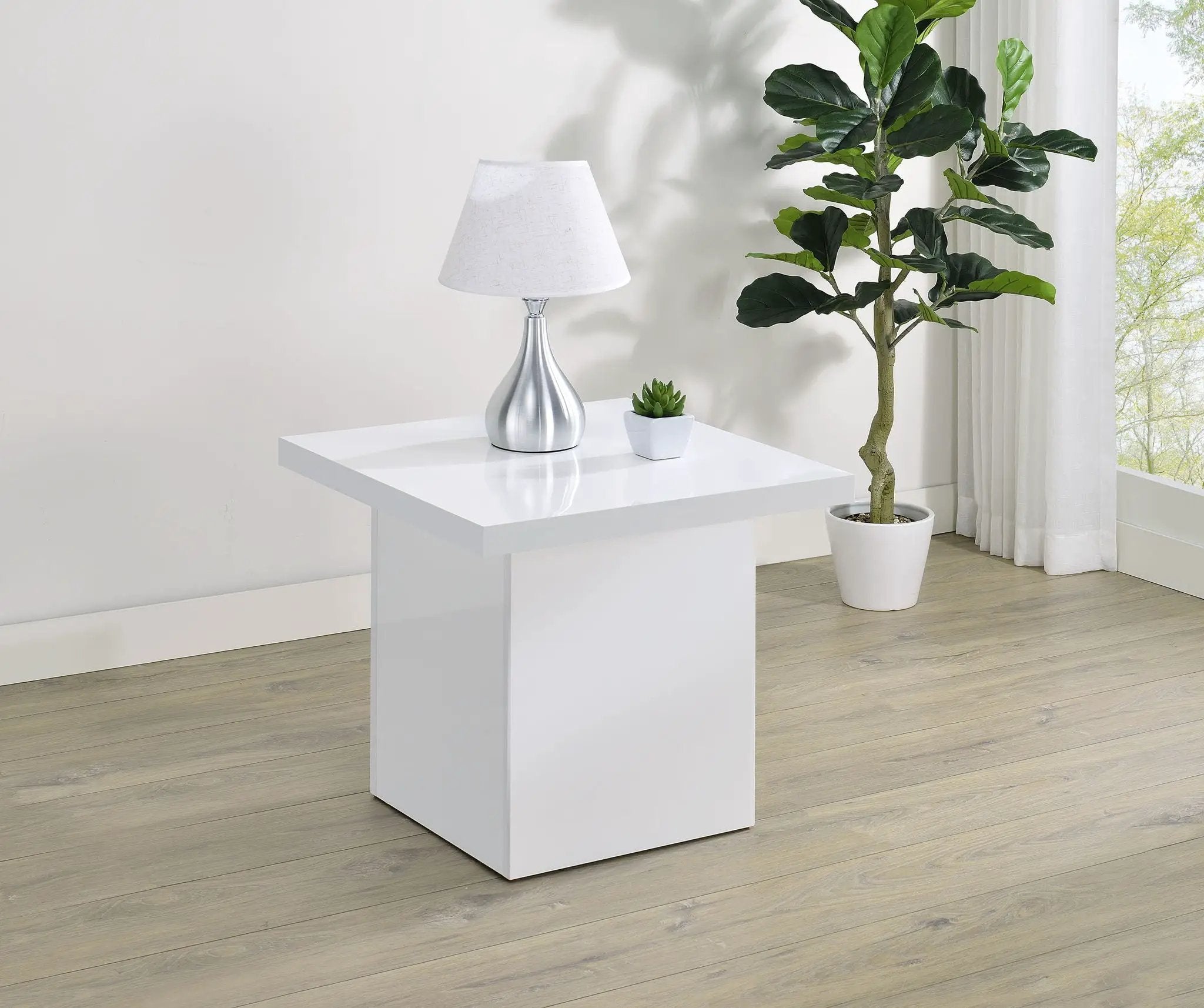 Devar Square Engineered Wood Side End Table White High Gloss by Unique Piece Furniture