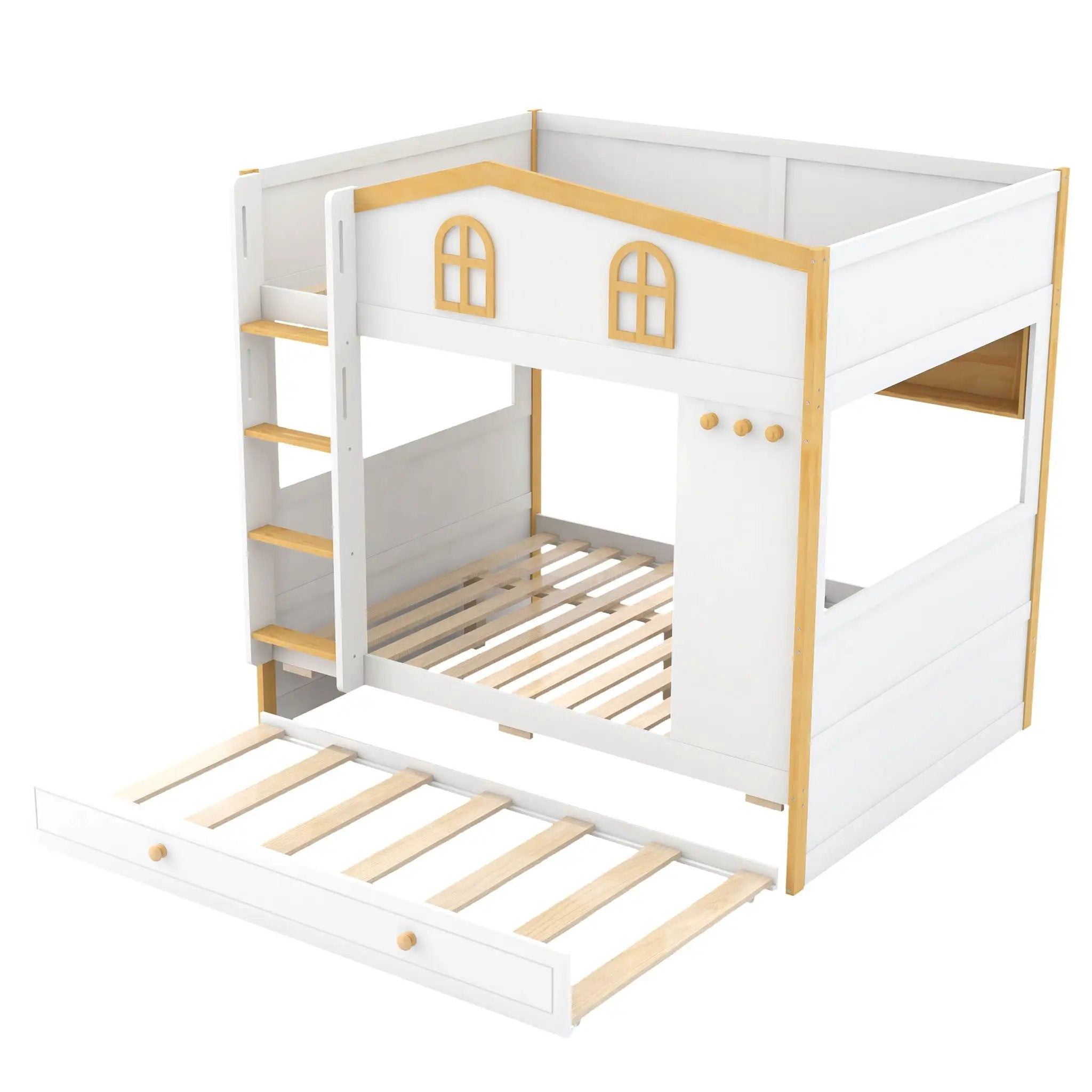 Full Over Full Bunk Bed With Storage Shelves And Trundle - White / Natural by HouseOfZazla