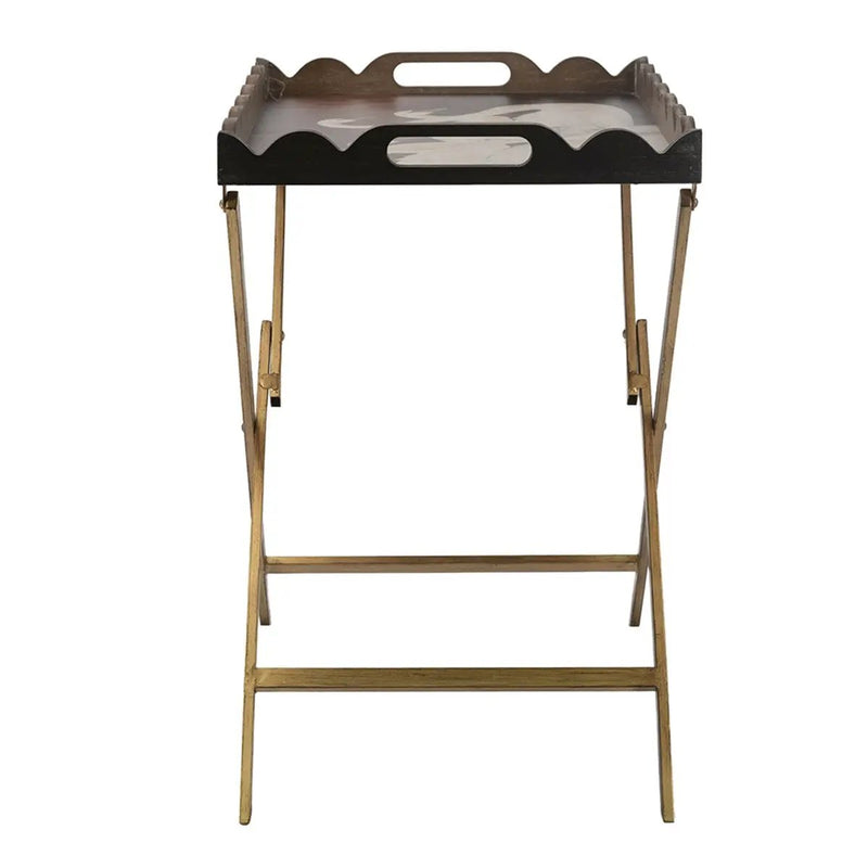 23.5x15.5x24 Brown MDF Tray Table with White Swan Motif and Iron Base by HouseOfZazla