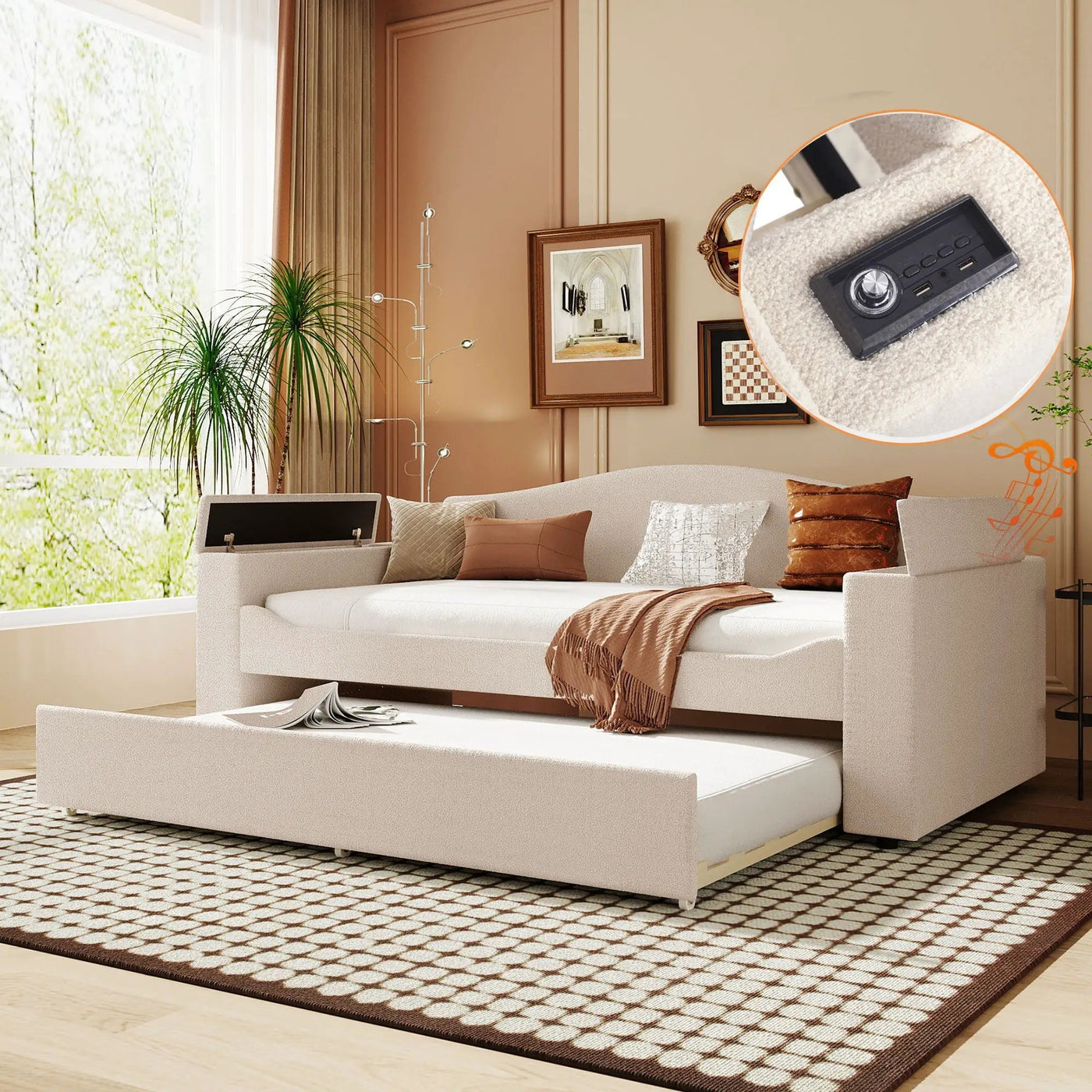 Upholstered Daybed With Storage Armrests, Trundle And Latest Integrated tooth Audio System by HouseOfZazla