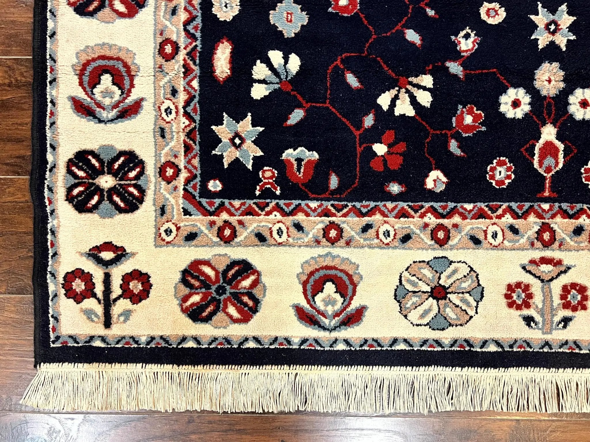 Belgium Power Loomed Rug 5.6 x 7, Navy Blue and Ivory, Heriz Pattern, Vintage Oriental Carpet by Jewel Rugs