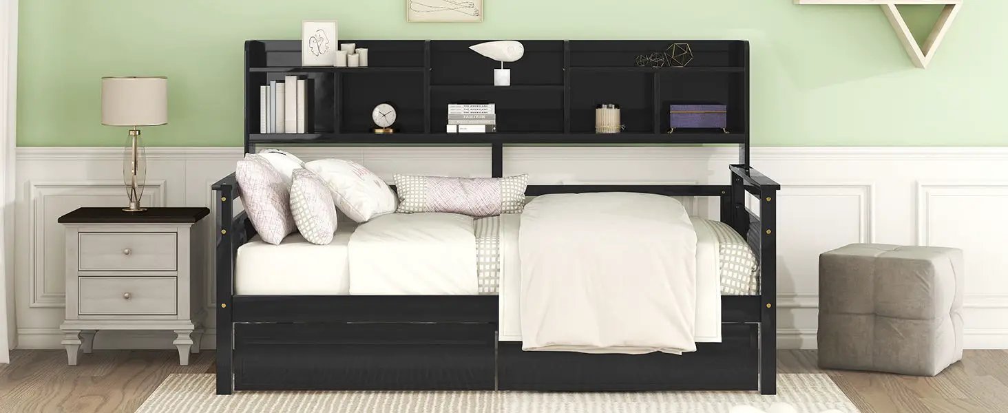 Daybed, Slat Support, With Bedside Shelves And 2 Drawers by HouseOfZazla