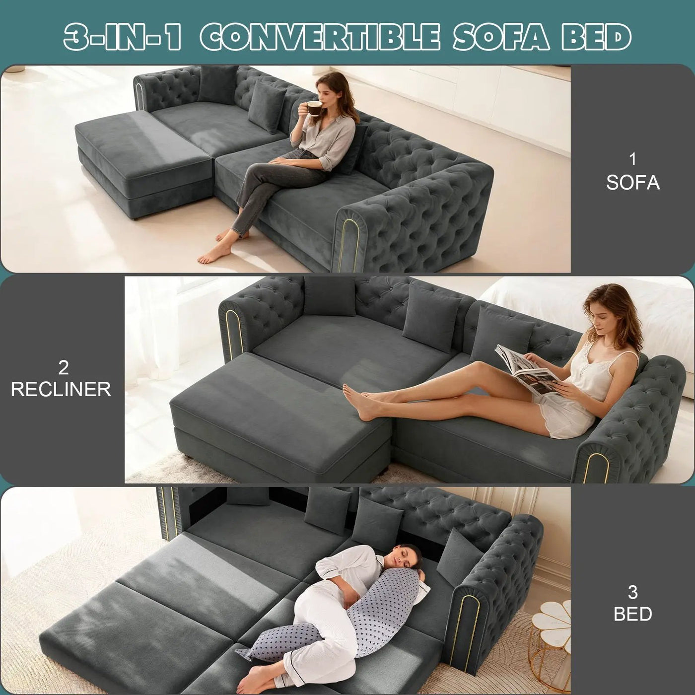 3-In-1 Convertible Sleeper Sofa With Movable Ottoman For Living Room by HouseOfZazla