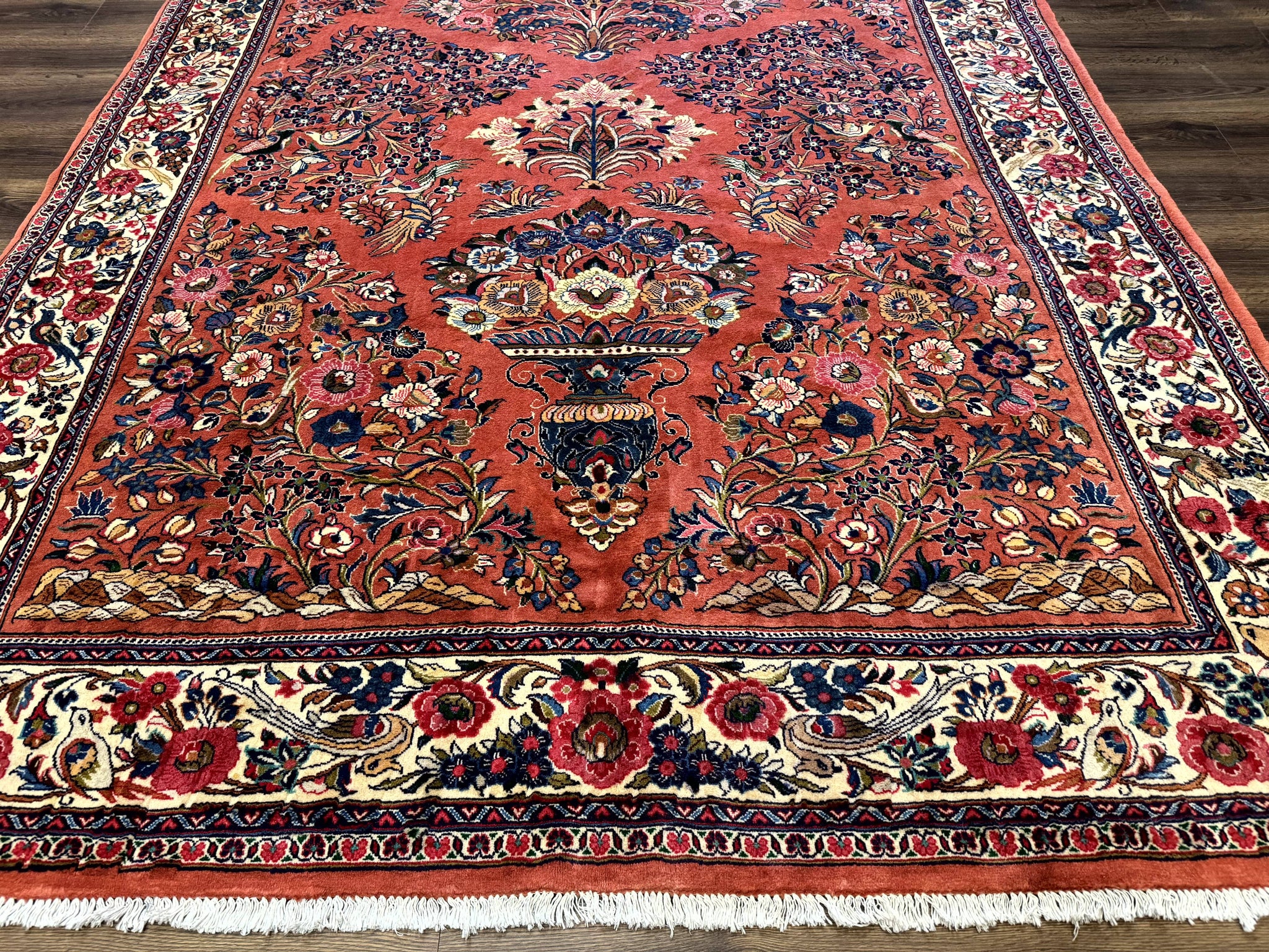 Persian Sarouk Rug 7x10, Red and Ivory, Floral Bouquets, Birds by Jewel Rugs