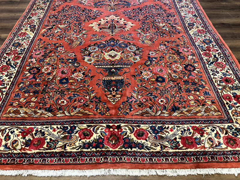 Persian Sarouk Rug 7x10, Red and Ivory, Floral Bouquets, Birds by Jewel Rugs