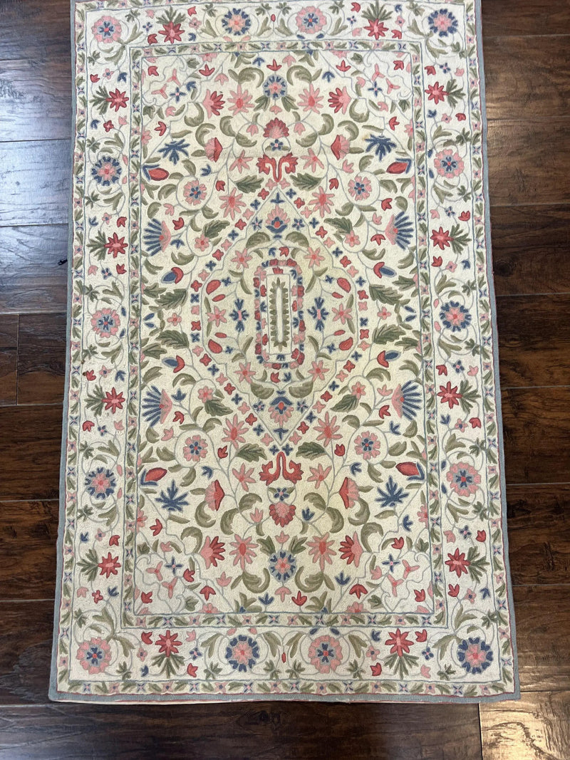 Hand Stitched Indian Rug 4x5, Floral, Vintage Hand Embroidered Rug by Jewel Rugs