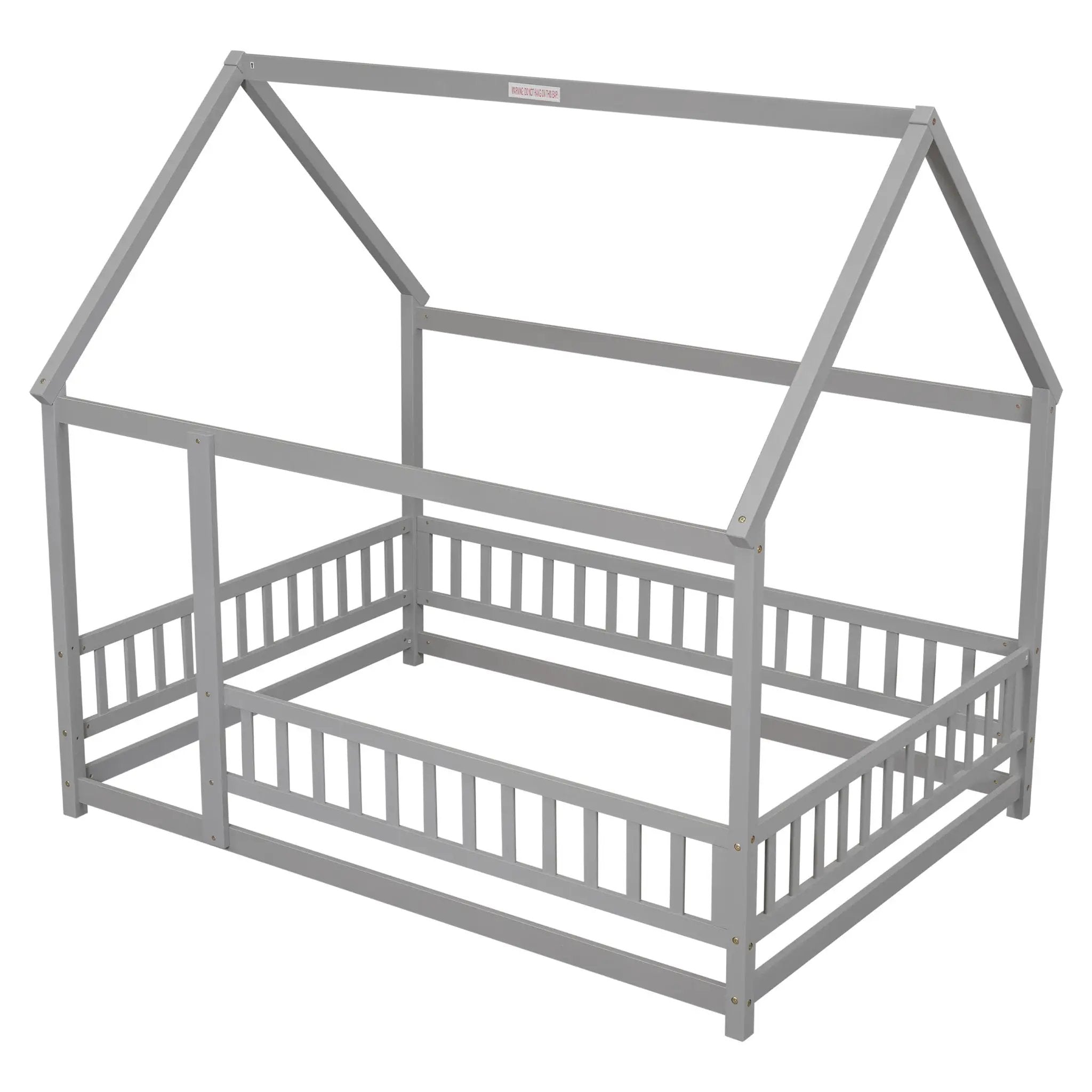 Floor Wooden Bed With House Roof Frame, Fence Guardrails by HouseOfZazla