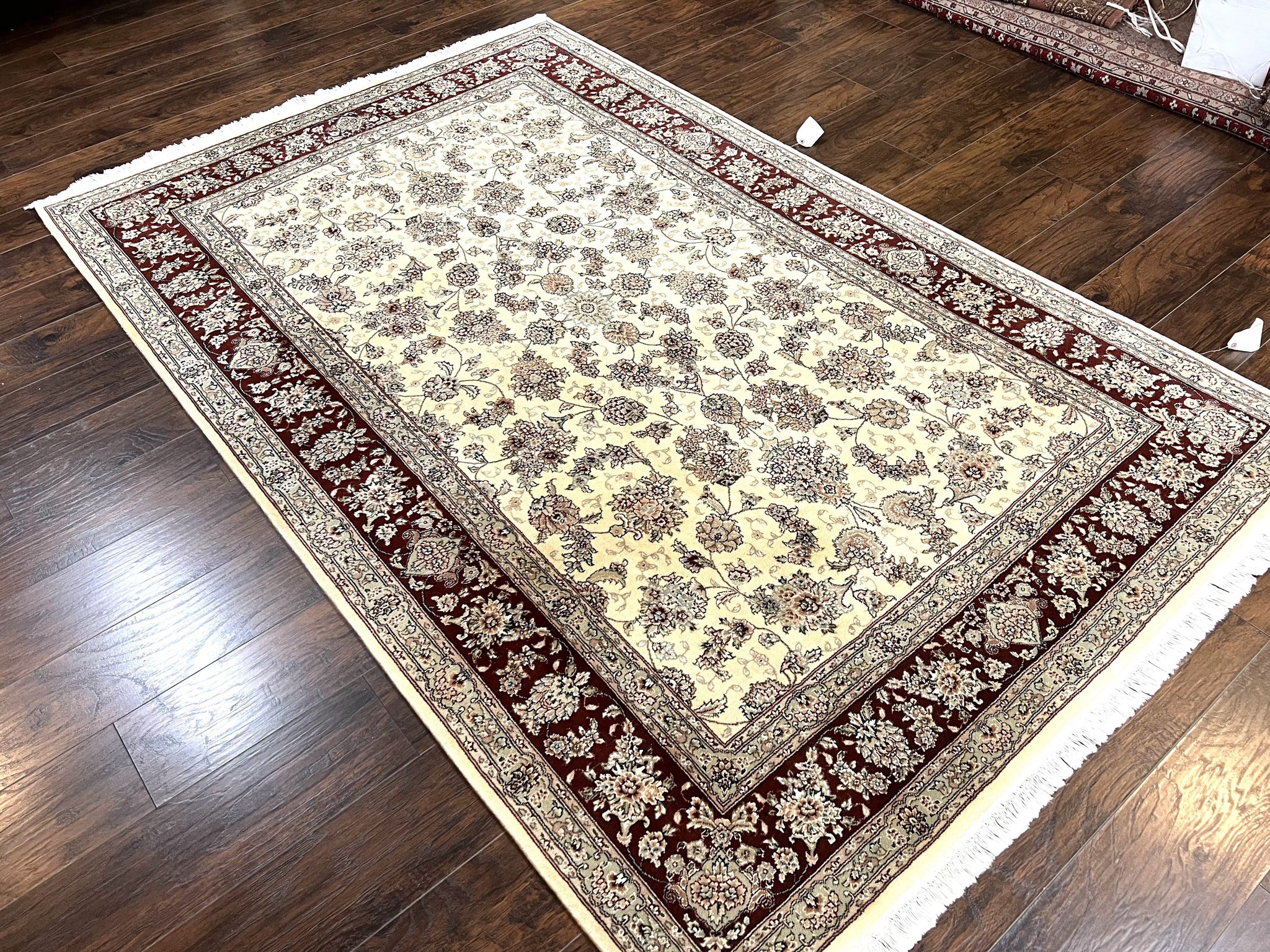 Pak Persian Rug 6x9, Floral Allover Carpet 6 x 9 ft, Cream and Maroon Hand Knotted Wool and Silk Fine Oriental Rug, Traditional Vintage Rug by Jewel Rugs