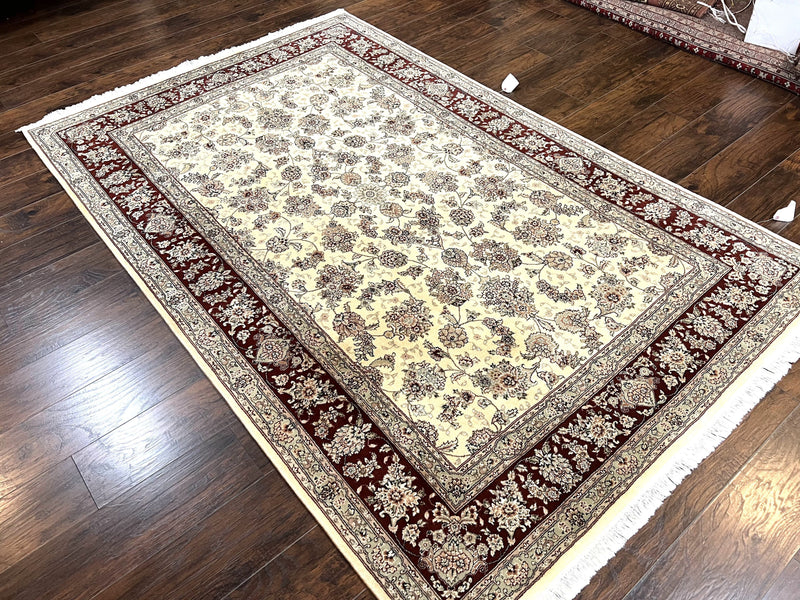 Pak Persian Rug 6x9, Floral Allover Carpet 6 x 9 ft, Cream and Maroon Hand Knotted Wool and Silk Fine Oriental Rug, Traditional Vintage Rug by Jewel Rugs