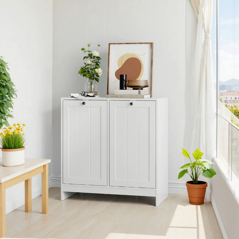 Tilted Laundry Hamper With Removable Basket, Hidden Storage Cabinet, Home Organizer For Bathroom - White by HouseOfZazla