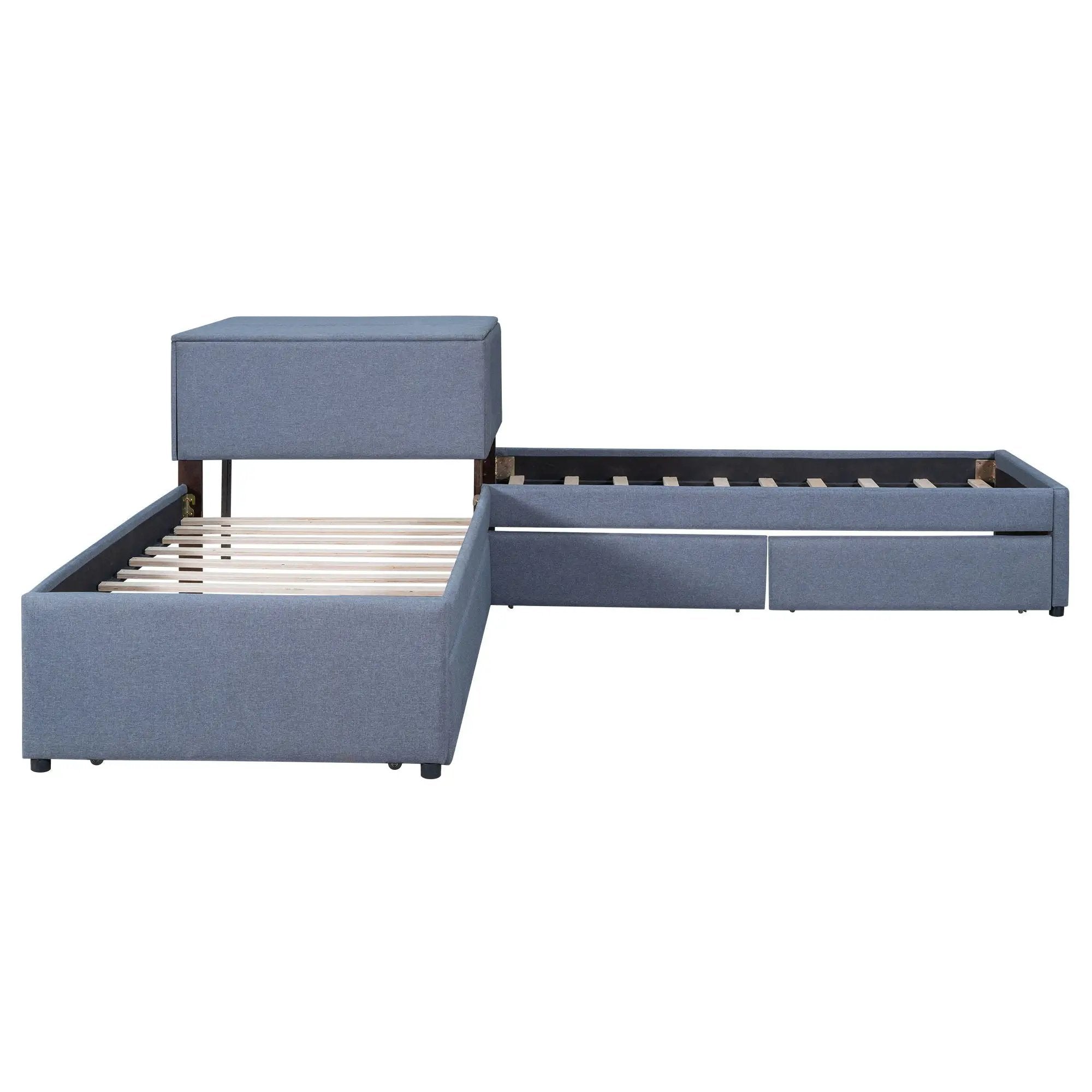 L Shaped Upholstered Platform Bed With Trundle And 2 Drawers Linked With Built In Desk by HouseOfZazla