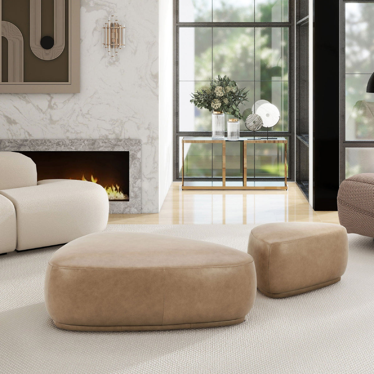 Pebble Rounded Triangle Cocktail Ottoman with Upholstered Construction - Yellow or Light Brown, photo 3 of 20