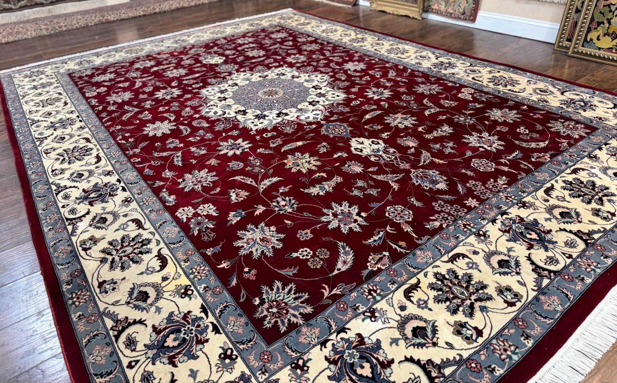 Pak Persian Rug 9x12, Maroon and Ivory, Wool Handmade Vintage by Jewel Rugs