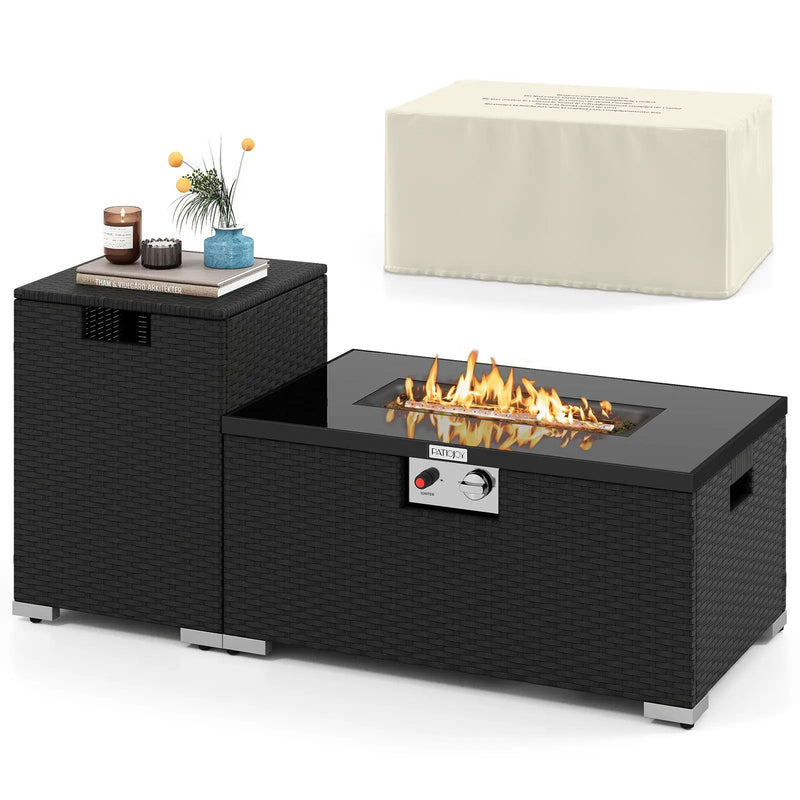 2-Piece Outdoor Rattan Fire Table Set 32 Inch Rectangle Gas Firepit with Tank Cover by DirectDeals
