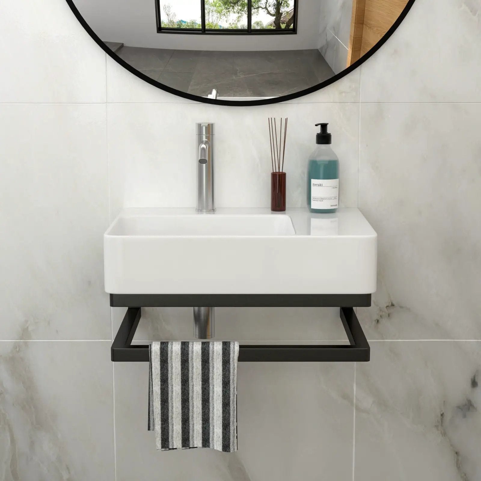 Wall Mounted Rectangular Bathroom Sink With Towel Bar And Faucet Hole - White by Unique Piece Furniture