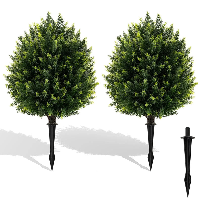 24 Inches Artificial Cypress Topiary Ball Tree Set with Ground Spike-Green by DirectDeals